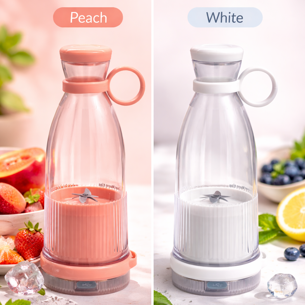 Two water bottles, one peach and one white, with smoothies and fruits in the background.